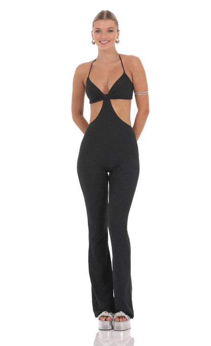 Lucy In The Sky Shimmer Ribbed Cutout Jumpsuit in Black