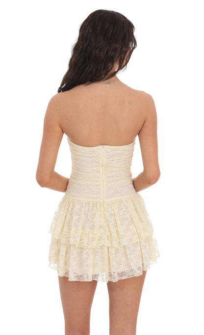 Lucy In The Sky Lace Strapless Ruched Ruffle Dress in Cream