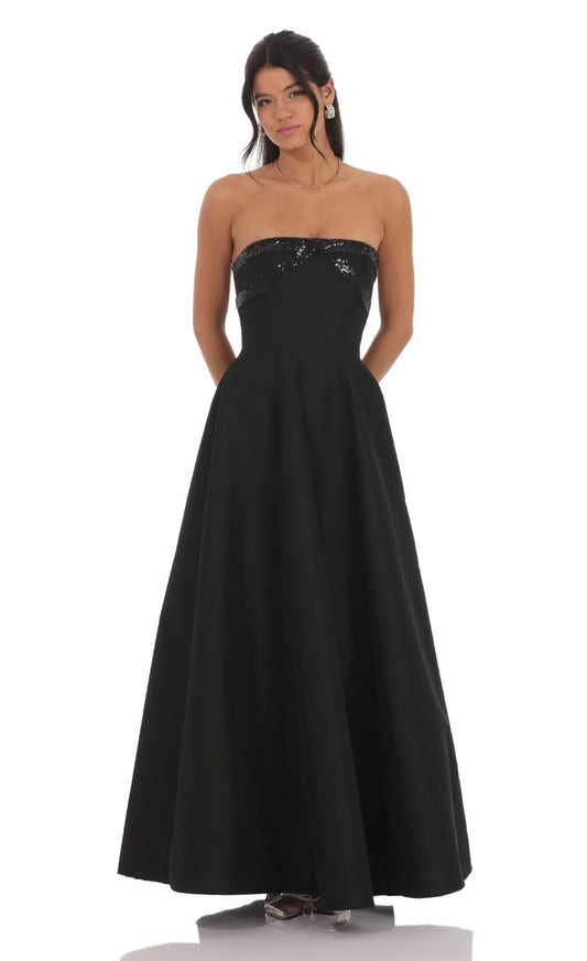Lucy In The Sky Sequin Draped Strapless Gown in Black