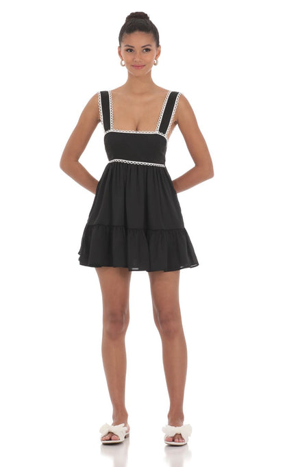 Lucy In The Sky Embroidered Trim Babydoll Dress in Black