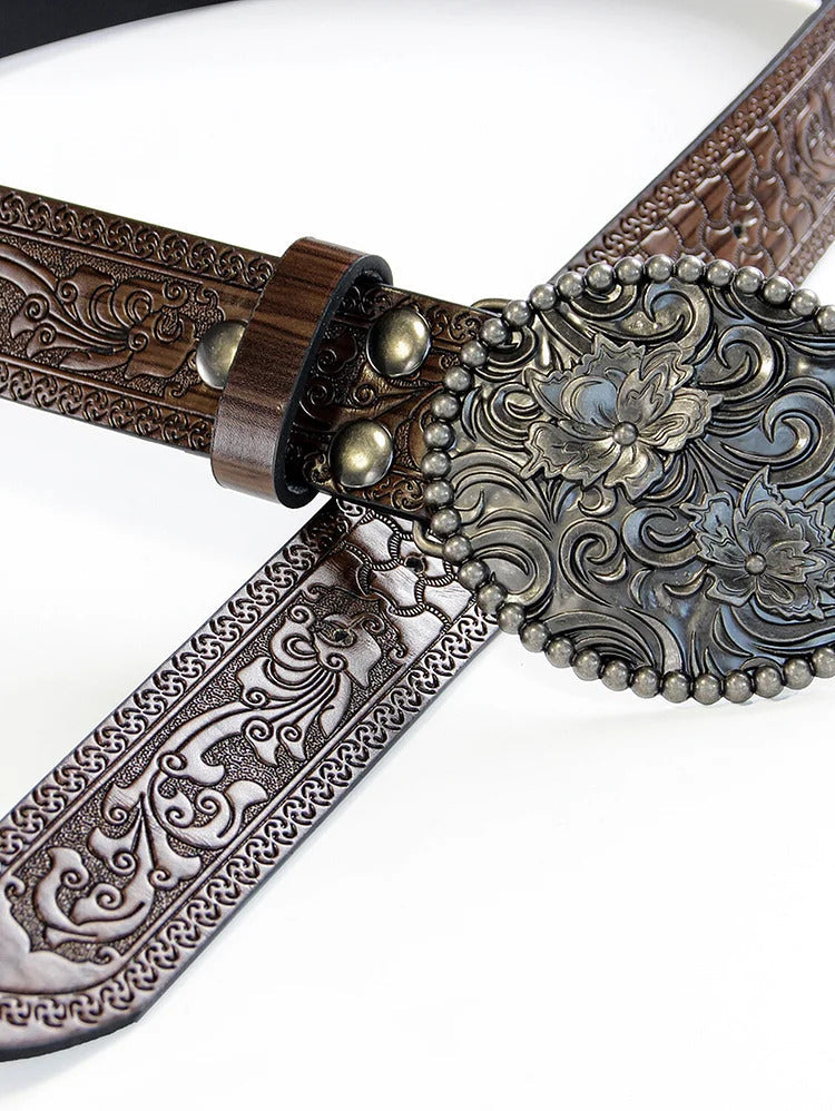 Ursime Western Retro PU Leather Floral Carved Belt