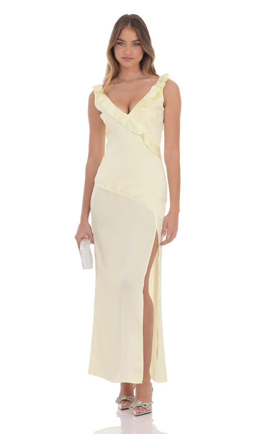 Lucy In The Sky Satin V-Neck Open Back Maxi Dress in Pastel Yellow
