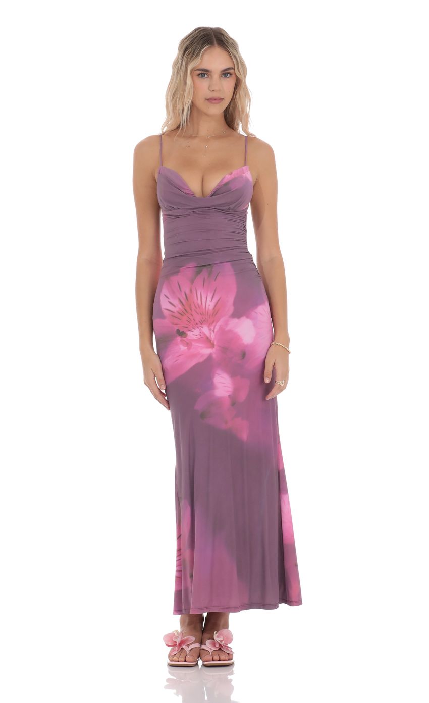 Lucy In The Sky Floral Ruched Cowl Neck Maxi Dress in Purple