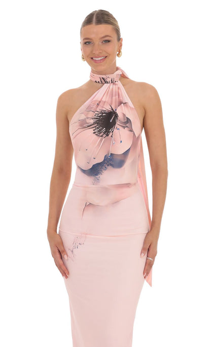 Lucy In The Sky Mesh Floral Scarf Strap Maxi Dress in Pink
