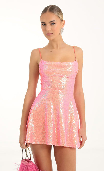 Lucy In The Sky Sequin Cowl Neck Dress in Orange