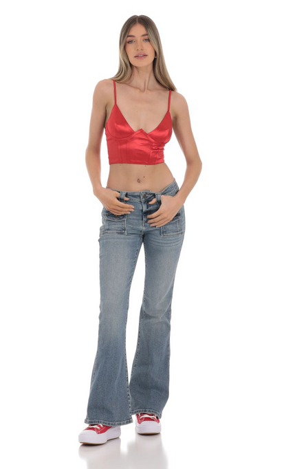 Lucy in the Sky Satin V-Neck Crop Top in Red (x2)