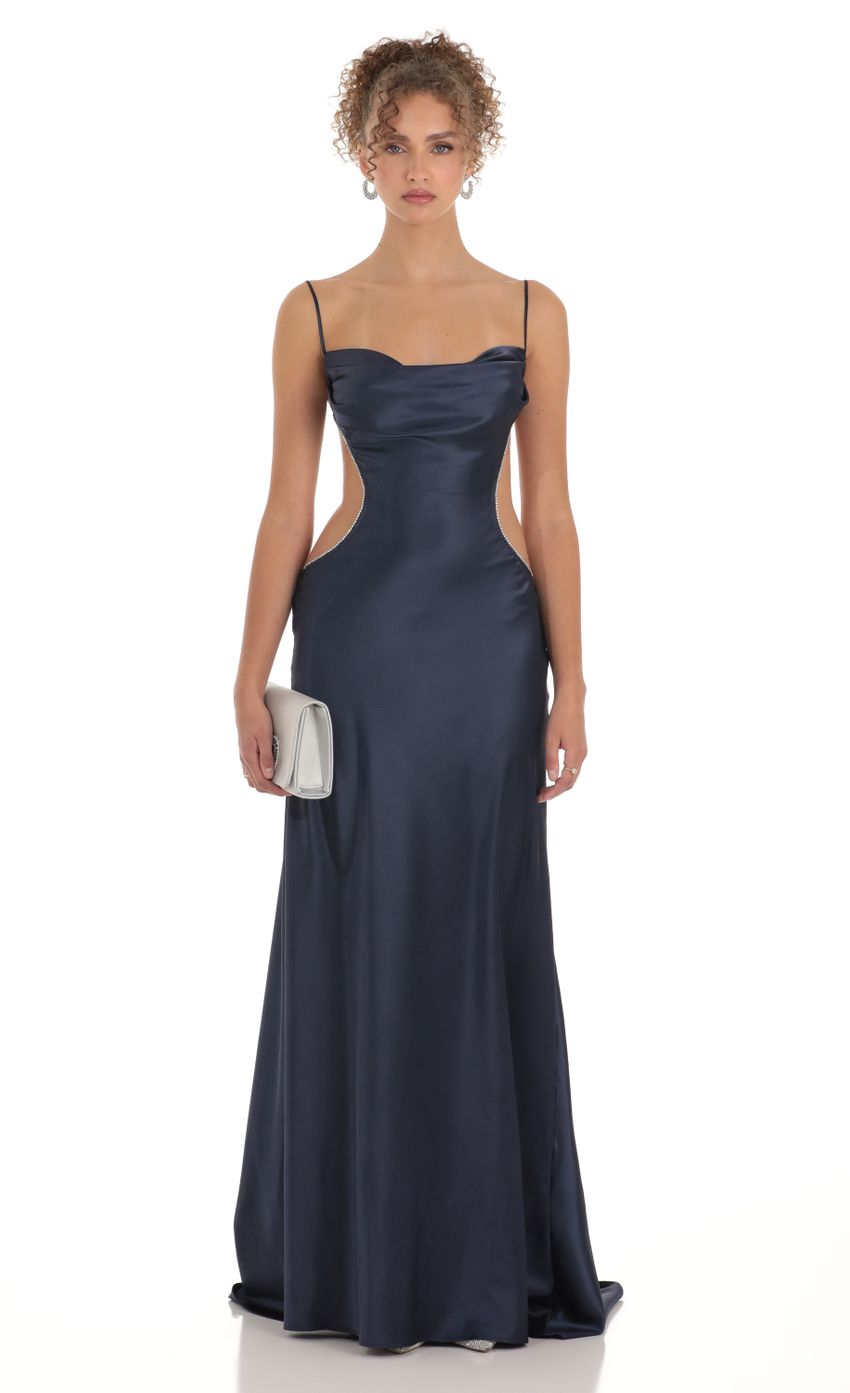 Lucy In The Sky Satin Rhinestone Maxi Dress in Navy