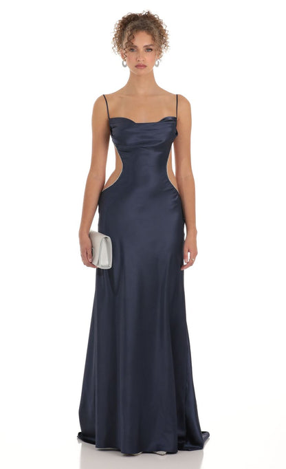 Lucy In The Sky Satin Rhinestone Maxi Dress in Navy