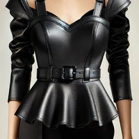 Ursime PU Leather Cold Shoulder Peplum Belt Blouse