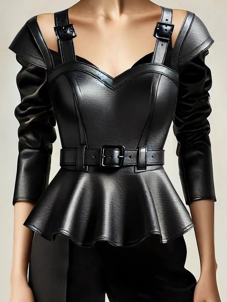 Ursime PU Leather Cold Shoulder Peplum Belt Blouse