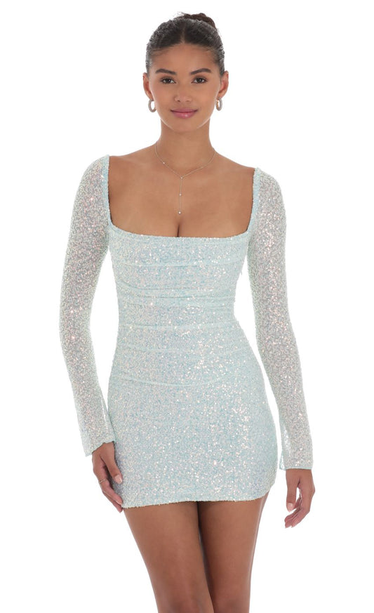Lucy In The Sky Knit Sequin Long Sleeve Dress in Blue