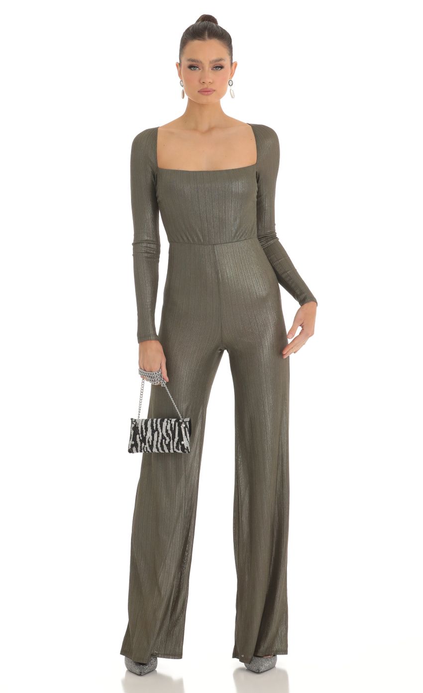 Lucy In The Sky Shimmer Open Back Long Sleeve Jumpsuit in Olive