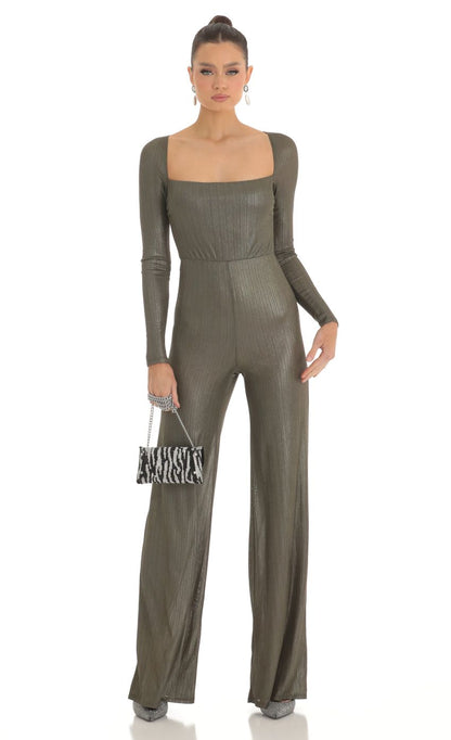 Lucy In The Sky Shimmer Open Back Long Sleeve Jumpsuit in Olive