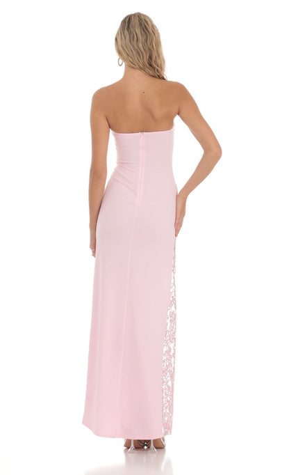 Lucy in the Sky Strapless Lace Embroidered Slit in Pink