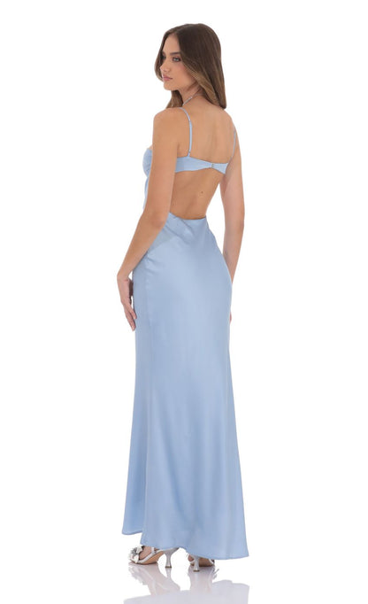 Lucy In The Sky Open Back Satin Maxi Dress in Light Blue
