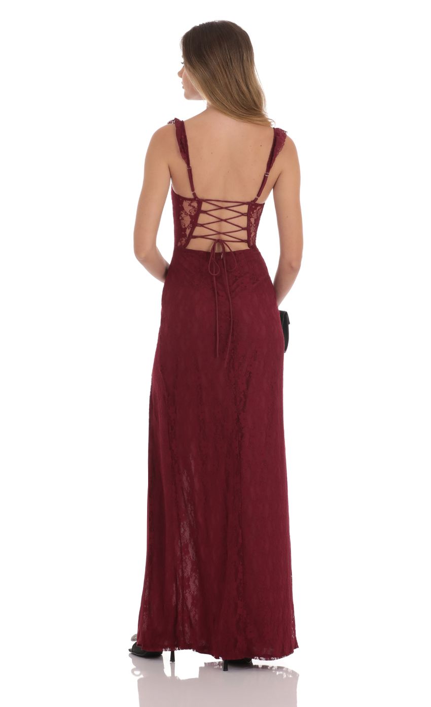 Lucy in the Sky Lace Ruffle Sleeve Maxi Dress in Wine