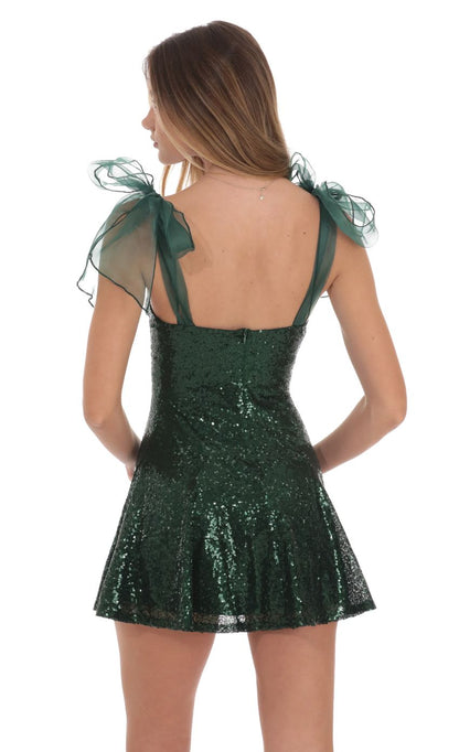 Lucy In The Sky Sequin Shoulder Ties Dress in Green