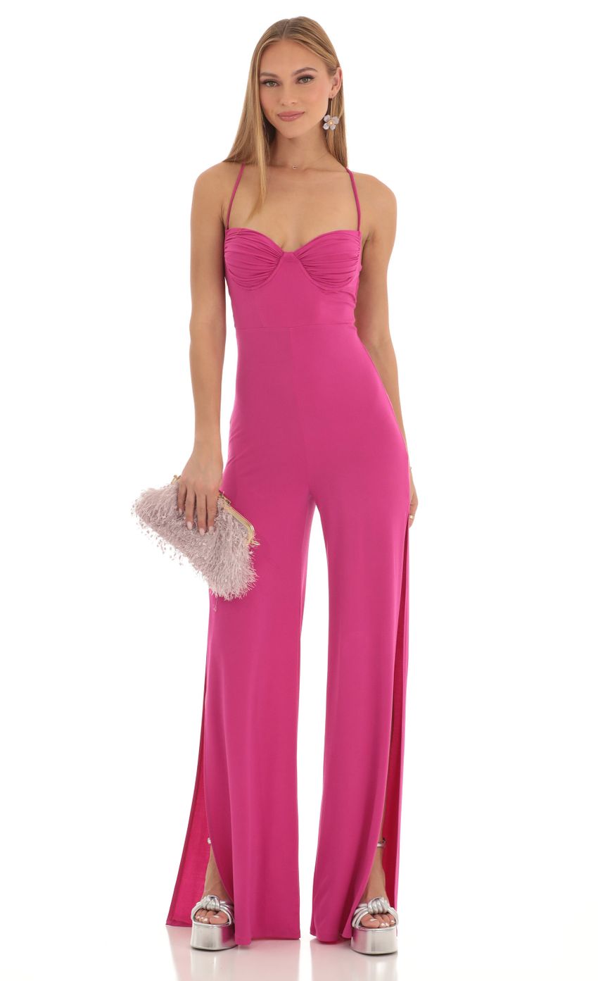 Lucy In The Sky Ruched Sweetheart Bust Slit Jumpsuit in Fuchsia