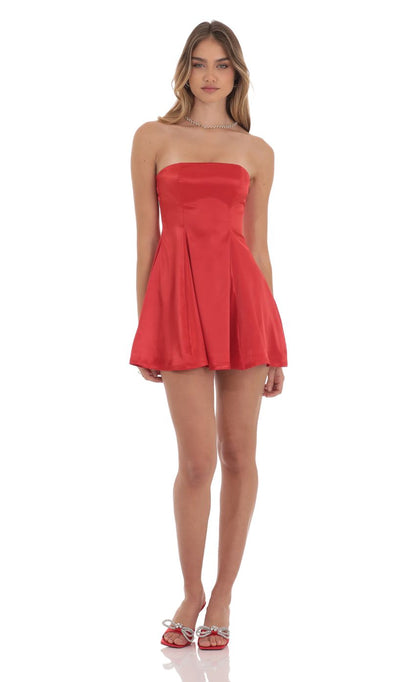 Lucy In The Sky Strapless Satin Fit and Flare Dress in Red