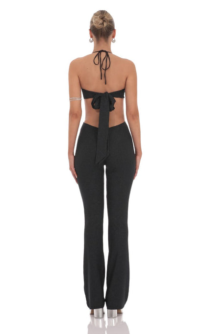 Lucy In The Sky Shimmer Ribbed Cutout Jumpsuit in Black