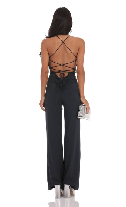 Lucy In The Sky Open Back Bodycon Jumpsuit in Black