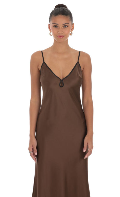 Lucy in the Sky Satin Shift Maxi Dress in Brown