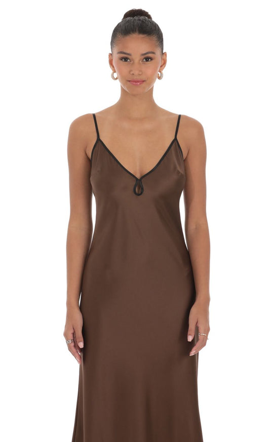Lucy In The Sky Satin Shift Maxi Dress in Brown