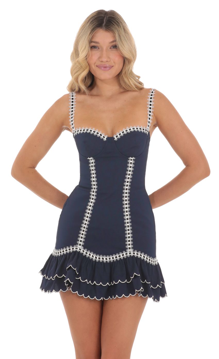 Lucy In The Sky White Thread Ruffle Dress in Navy