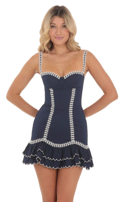 Lucy In The Sky White Thread Ruffle Dress in Navy