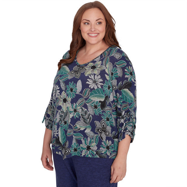 Alfred Dunner Women's Floral Puff Print Drawstring Top