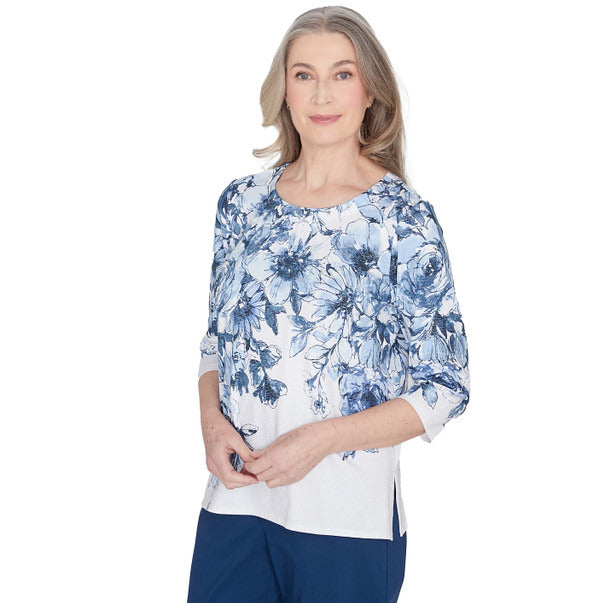 Alfred Dunner Women's Floral Shimmer Three Quarter Sleeve Top