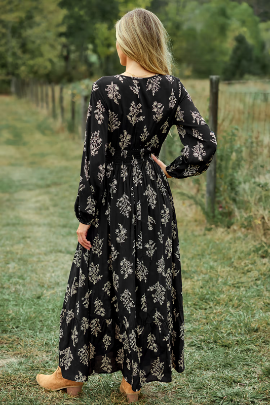 Cupshe Black Floral V-Neck Puff Sleeve Maxi Dress