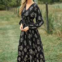 Cupshe Black Floral V-Neck Puff Sleeve Maxi Dress