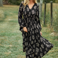 Cupshe Black Floral V-Neck Puff Sleeve Maxi Dress