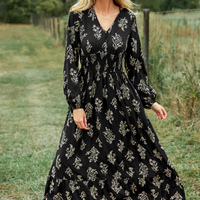 Cupshe Black Floral V-Neck Puff Sleeve Maxi Dress