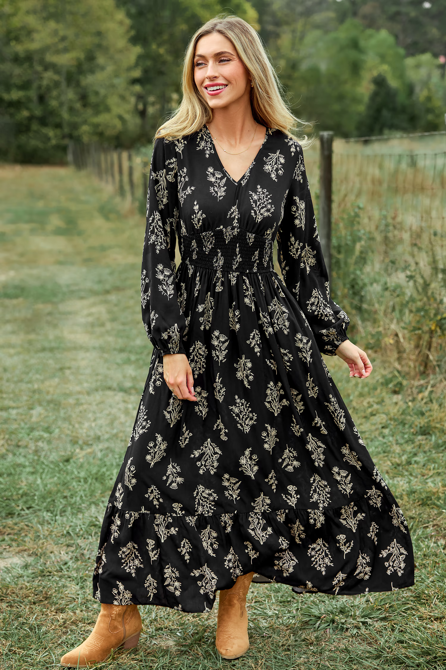 Cupshe Black Floral V-Neck Puff Sleeve Maxi Dress