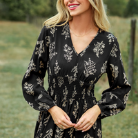 Cupshe Black Floral V-Neck Puff Sleeve Maxi Dress