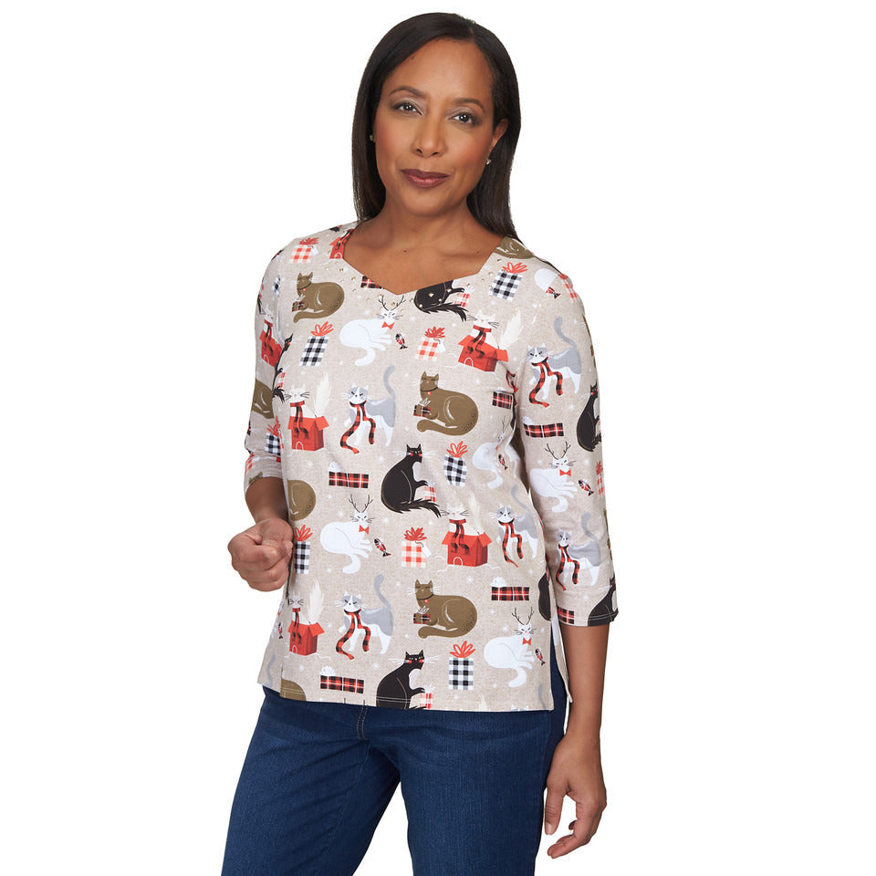 Alfred Dunner Women's Classic Cats & Presents Top