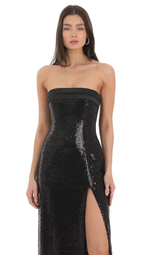 Lucy In The Sky Sequin Satin Back Tie Maxi Dress in Black