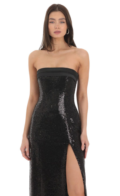 Lucy In The Sky Sequin Satin Back Tie Maxi Dress in Black