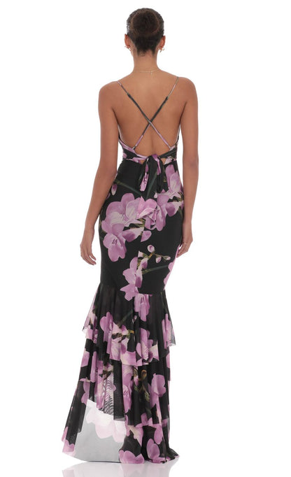Lucy In The Sky Mesh Floral Ruffle Fishtail Maxi Dress in Black