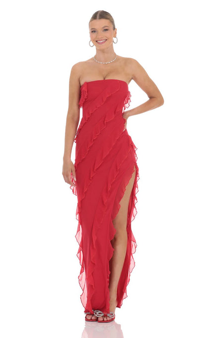 Lucy In The Sky Mesh Ruffle Strapless Maxi Dress in Red