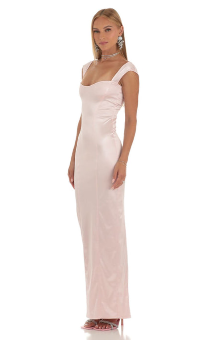 Lucy In The Sky Satin Maxi Dress in Pink