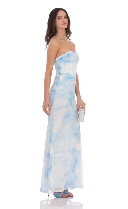 Lucy In The Sky Mesh Strapless Corset Maxi Dress in Blue Tie Dye