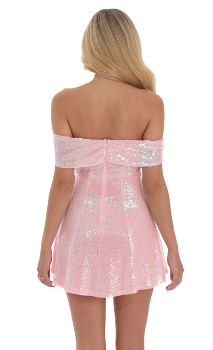 Lucy in the Sky Sequin Off Shoulder Dress in Pink