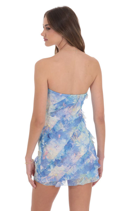 Lucy In The Sky Mesh Floral Strapless Ruffle Dress in Blue