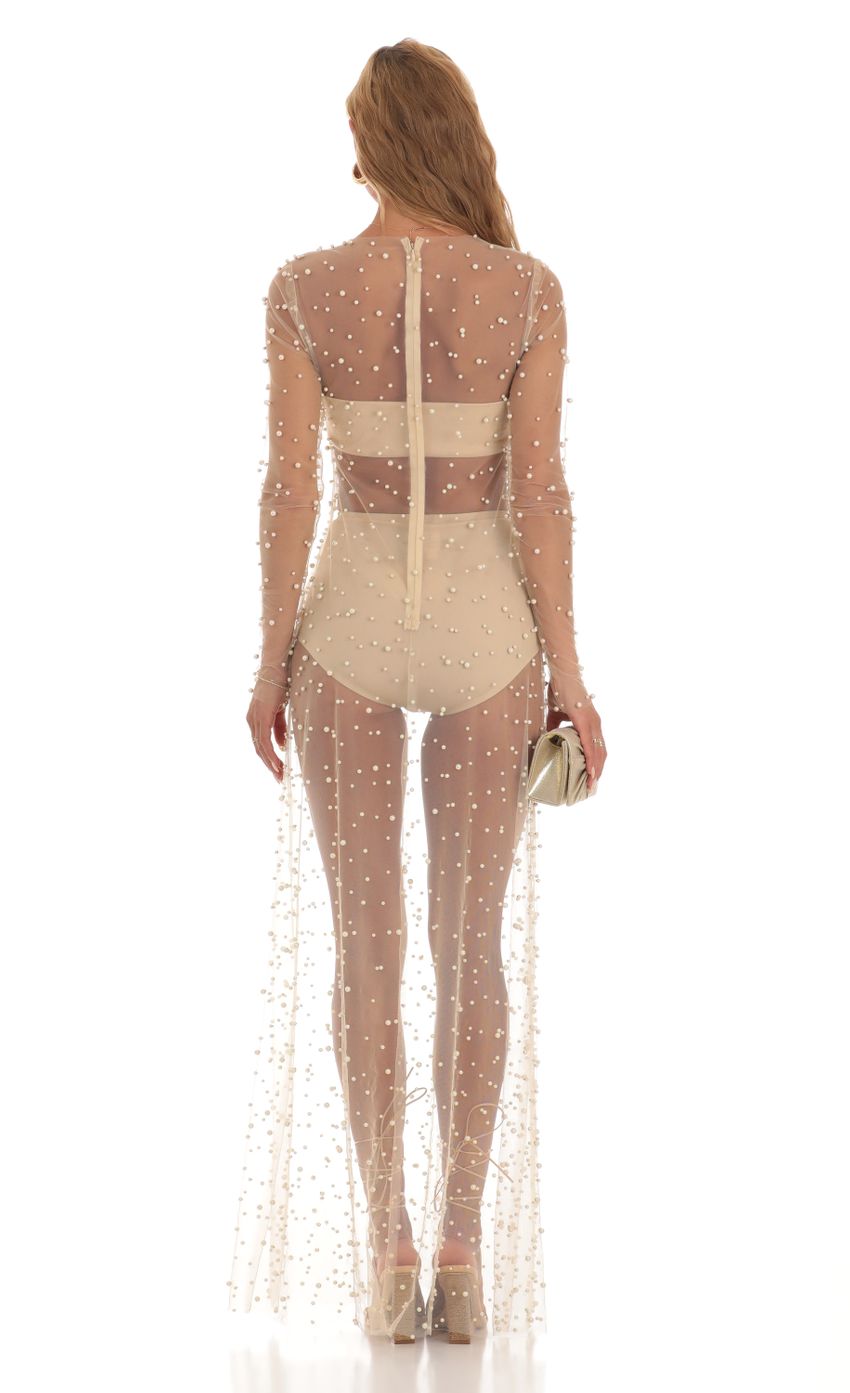 Lucy in the Sky Pearl Mesh Dress in Beige