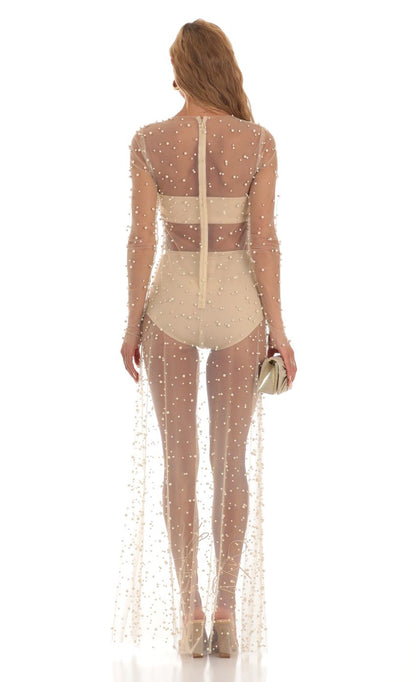 Lucy in the Sky Pearl Mesh Dress in Beige