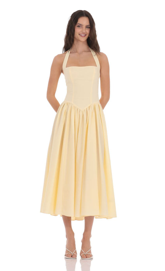 Lucy In The Sky Halter Midi Dress in Yellow