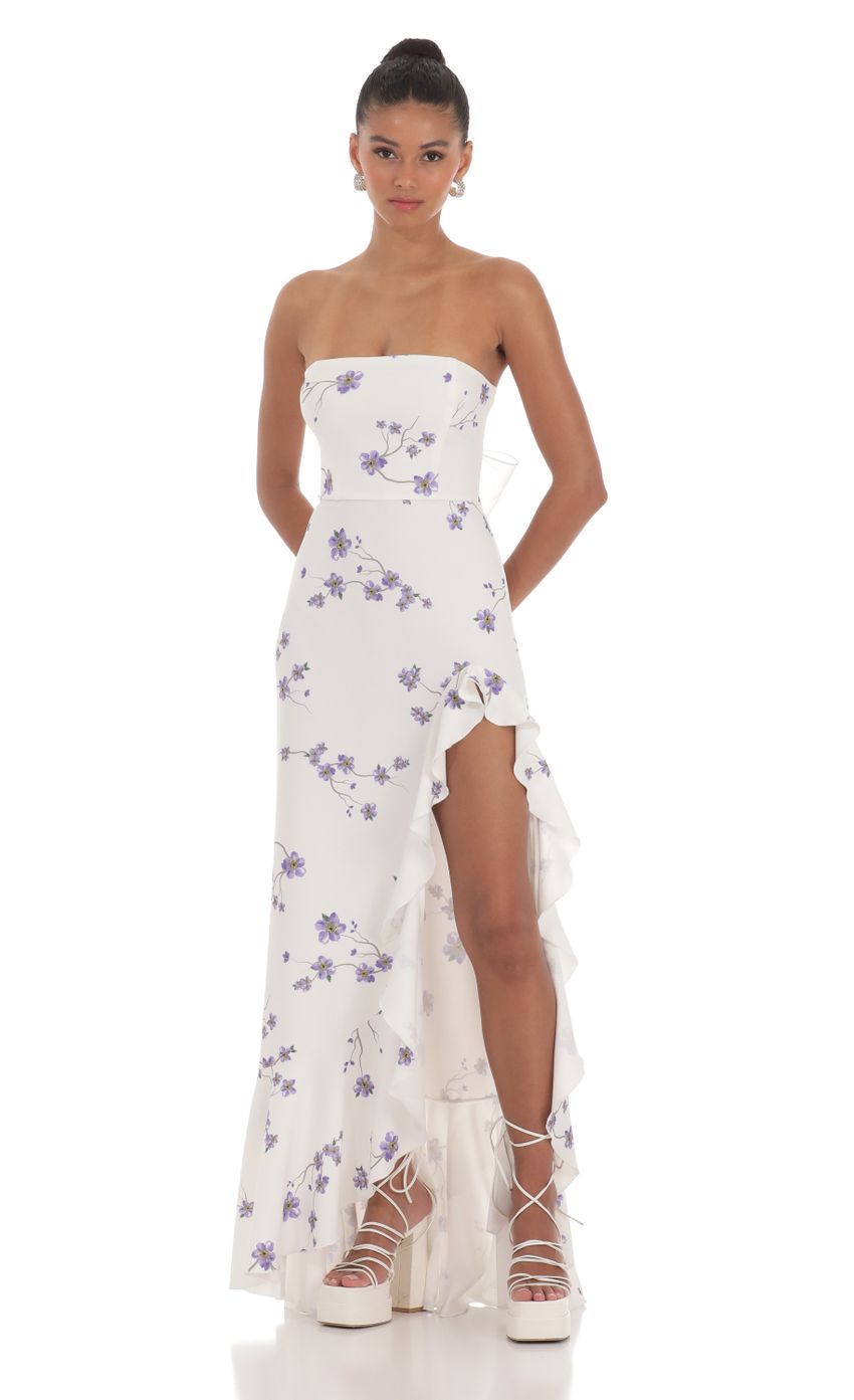 Lucy In The Sky Strapless Back Bow Corset Maxi Dress in Lavender